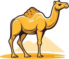 A friendly, cartoon-style illustration of a camel standing on a sandy background vector