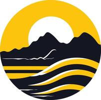 Simple and minimalist logo design featuring a mountain range, sun, and ocean waves vector