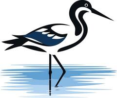 A stylized black and blue heron stands in water, perfect for eco-friendly branding, nature-themed designs, or wildlife conservation projects vector