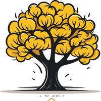 A cartoon style illustration of a large tree with a thick trunk and lush yellow foliage, perfect for branding or as a whimsical design element vector