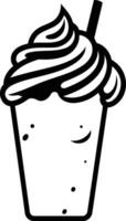 Simple black and white line drawing of a milkshake with whipped cream and a straw vector
