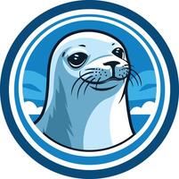 A cute cartoon seal with a friendly smile, set against a blue and white ocean background vector
