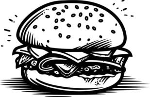 A delicious-looking burger, drawn in a black and white, retro style vector