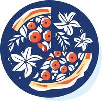 A stylized illustration of a pizza slice with floral and leafy elements in a circular design, perfect for food branding and design vector