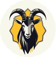 A bold and powerful graphic design featuring the head of a mountain goat in a circular badge, perfect for a logo, emblem or mascot vector