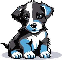 Adorable cartoon puppy with black and white fur, sitting with a happy expression vector