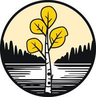 A simple, yet elegant logo featuring a lone aspen tree with golden leaves against a backdrop of a lake and mountains vector