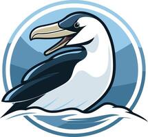 A stylized illustration of a seabird, possibly a gannet or albatross, with an open beak, set in a blue circle against a wave-like background vector