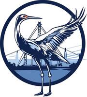 A stylized crane bird logo, with a blue and white color scheme, set against a circular backdrop of a bridge and skyline vector