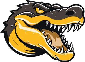 Aggressive alligator mascot head with a yellow and black color scheme vector
