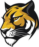 A bold, graphic tiger head logo with a fierce expression and striking black and gold color scheme vector