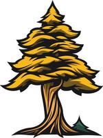 A stylized evergreen tree with a rustic, textured trunk and golden foliage vector