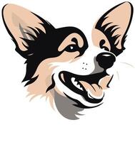 Smiling, cartoon-style illustration of a welsh corgi head with black and white markings vector