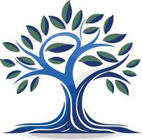 A stylized, abstract tree logo with blue branches and green leaves, representing growth, community, and nature vector