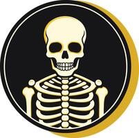 A bold, graphic illustration of a skeleton's ribcage and skull in a round frame with a black background and yellow border vector
