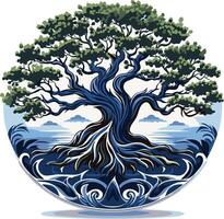 A circular design featuring a majestic tree with deep roots, reaching into the ocean waves vector