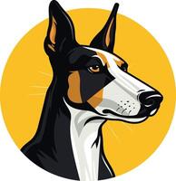 A striking illustration of a black, white, and tan dog with a serious expression, set against a bright yellow circular background vector