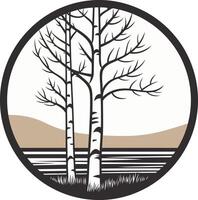 Simple, elegant logo featuring two birch trees against a scenic backdrop vector