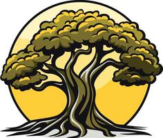 A stylized illustration of a large, strong tree with thick roots and branches, set against a bright yellow sun vector