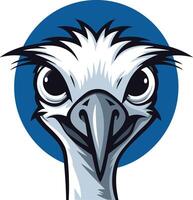 A cartoon emu head, looking directly at the viewer with a curious and slightly mischievous expression vector
