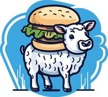 Cute cartoon sheep wearing a giant burger as a hat vector