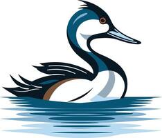 A striking illustration of a grebe, a water bird with a distinctive crest, swimming gracefully in a stylized, blue-toned lake vector