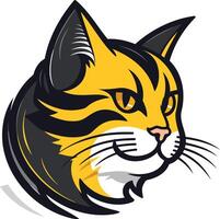 A bold and stylized illustration of a tabby cat's head, featuring striking yellow and black stripes and a friendly expression vector