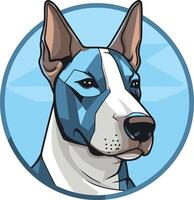 A stylized, cartoon-like illustration of a dog's head, featuring a blue and white color scheme and a geometric design vector