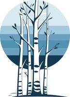 A minimalist, stylized design featuring a group of birch trees against a blue gradient circle background vector