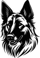 Black and white illustration of a friendly-looking belgian shepherd dog with a detailed fur texture, perfect for creating unique designs and branding materials vector