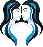 Abstract illustration of two mirrored female profiles, representing duality and unity vector