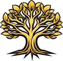 Golden tree illustration with intricate branches and roots, representing growth, strength, and longevity vector