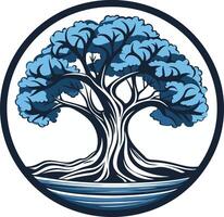 A stylized, blue tree with deep roots, set within a circular frame, evokes a sense of growth, resilience, and connection vector