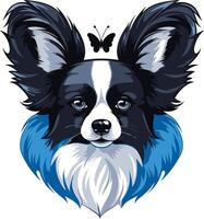Charming illustration of a papillon dog with a butterfly, perfect for pet-related products, branding, or social media vector
