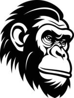 A bold and graphic black and white illustration of a chimpanzee's head, perfect for logo design, branding, and print projects vector
