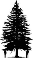 A striking silhouette of a towering pine tree, with two figures standing beneath its branches vector