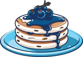 Cartoon illustration of a stack of pancakes drizzled with blueberry syrup and topped with fresh blueberries, perfect for breakfast or brunch menus, social media, or food blogs vector