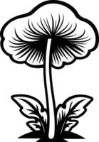 Black and white illustration of a single mushroom with detailed lines and leaves vector
