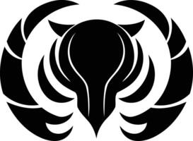 A bold, black and white, abstract logo design featuring a stylized creature with horns and a unique, angular design vector