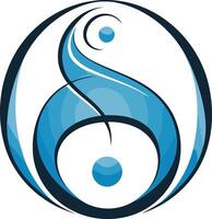 Abstract blue and black circular logo design with flowing lines and stylized orbs vector