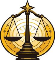 A stylized illustration of a golden scale of justice set against a circular background with a sunburst design vector