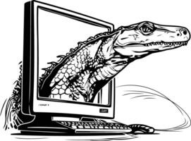 A black and white illustration of a crocodile's head bursting out of a computer monitor vector