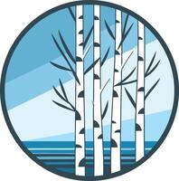 A stylized illustration of a grove of birch trees in a circular frame vector