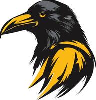 A bold and striking illustration of a raven's head, featuring a fierce expression and sharp beak vector