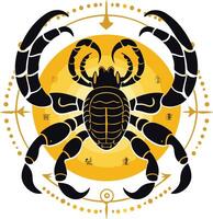 Stylized black scorpion silhouette on a yellow sunburst background with a golden circle and dots, perfect for astrology, zodiac, and mystical design projects vector