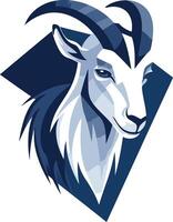 A bold, graphic illustration of a goat's head, stylized with sharp lines and contrasting blue and white colors vector