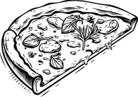 A hand-drawn illustration of a single slice of pizza with cheese, basil, and a crispy crust vector