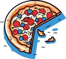 A delicious, cartoon-style pizza with a slice missing, perfect for menus, social media posts, or food blogs vector