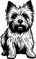 A detailed, black and white illustration of a cairn terrier sitting with a friendly expression vector
