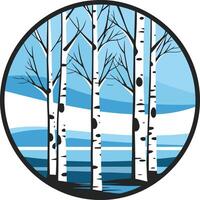 A minimalist, circular design featuring a stand of birch trees against a blue, stylized landscape vector